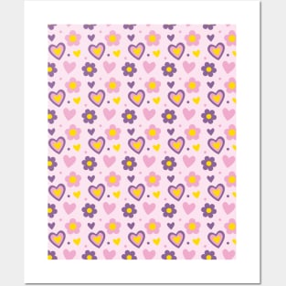 Retro Flowers and Hearts Pattern Pink, Purple Posters and Art